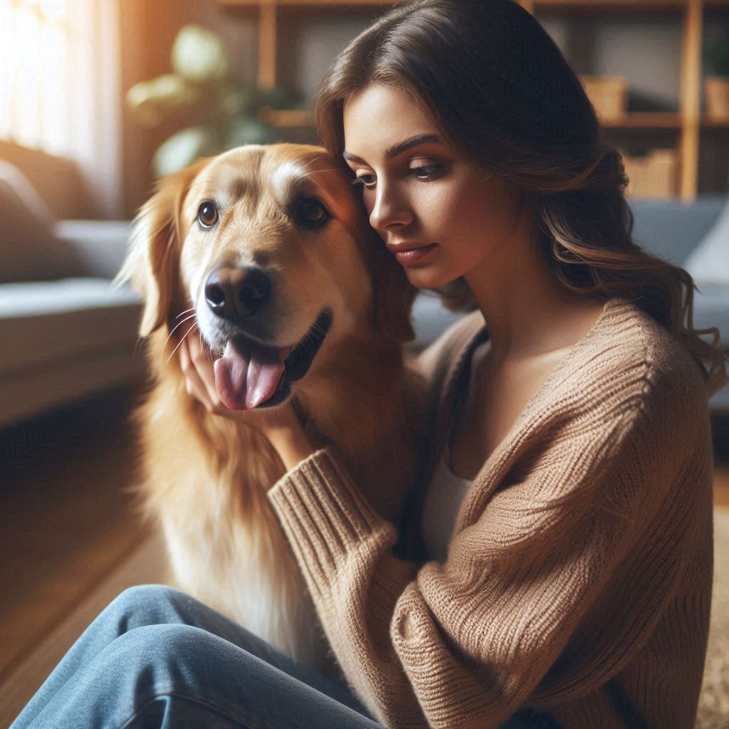 Image of a Golden Retriever, trained as an Emotional Support Dog, seated on the floor alongside, comforting a young women