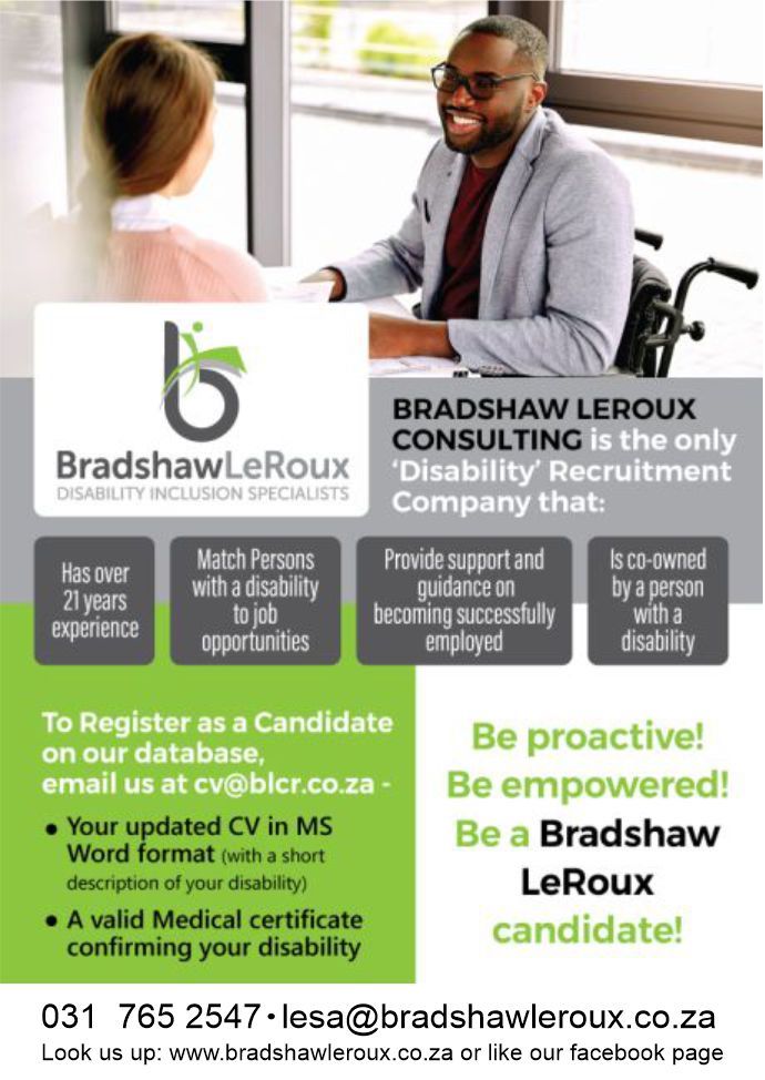Bradshaw Le Roux Candidate flyer encouraging persons with disabilities to register as a candidate on their database. If interested email cv@blcr.co.za