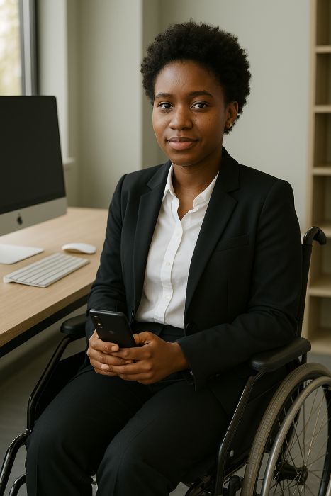 Call to action image of an african women in a wheelchair, seated in an office environment.