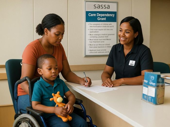 A mother, with a child, in a wheelchair, is being assisted to complete her Care Dependency Grant application