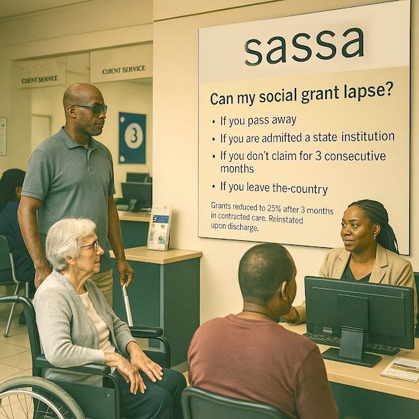 Three people seated at the desk of a SASSA employee - a blind gentleman standing, an older woman seated in a wheelchair and a younger man. The SASSA advisor, is explaining the conditions under which a SASSA grant can lapse.