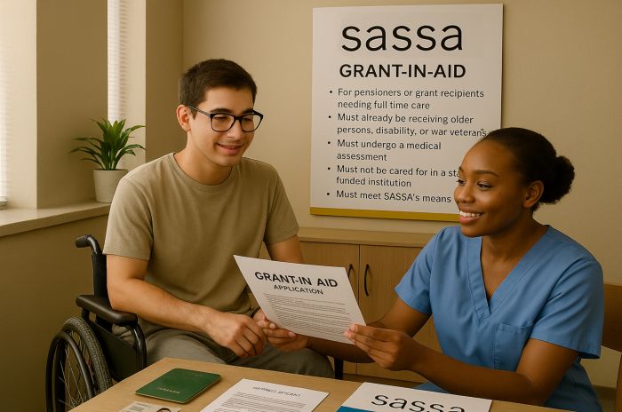 Young man in a wheelchair, assisted by a SASSA representative, to complete his application for applying for Grant In Aid
