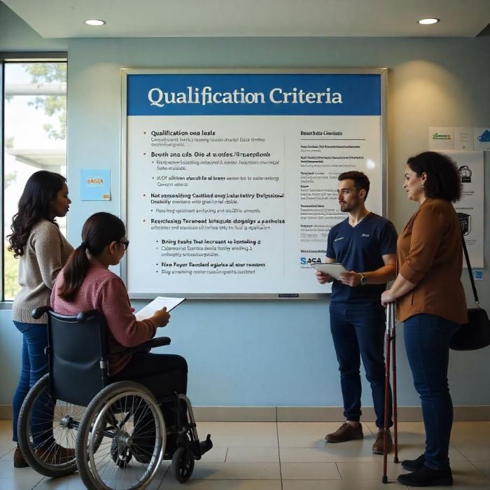Disability Grant criteria - image of 4 people, 3 standing, 1 seated in wheelchair, in front a of a Disability Grants Criteria sign.