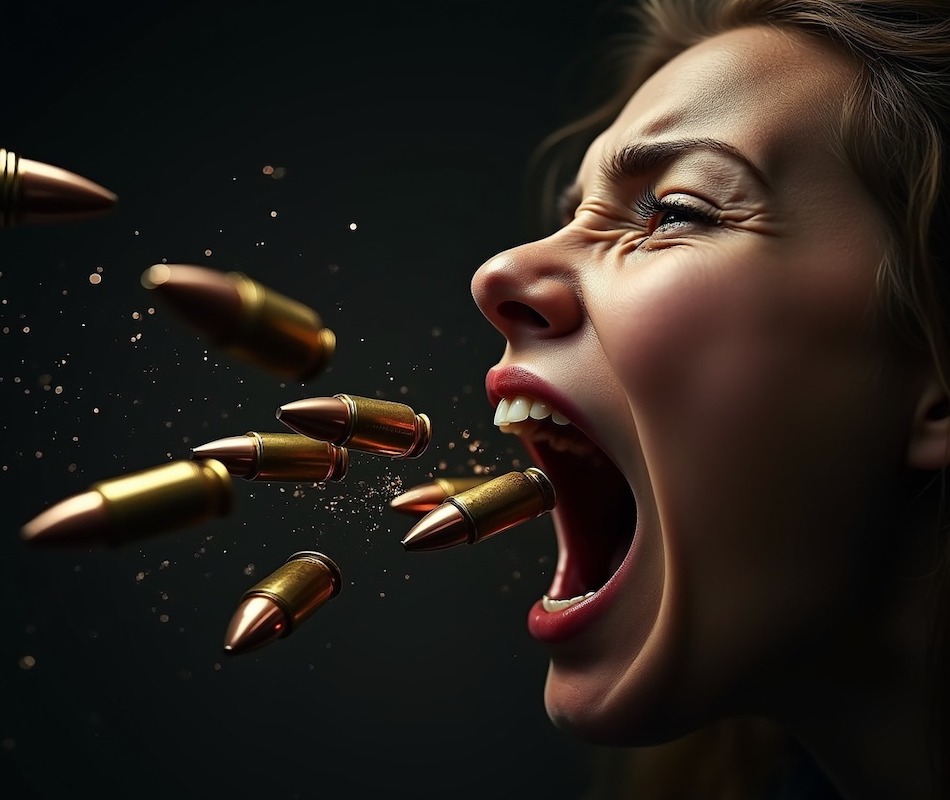 Image of women screaming, with bullets coming out of her mouth. This is the impact of words.