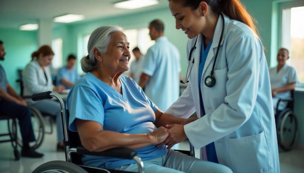An older woman, seated in a wheelchair, is being assessed by a female doctor, who is holding her hands and reassuring her.