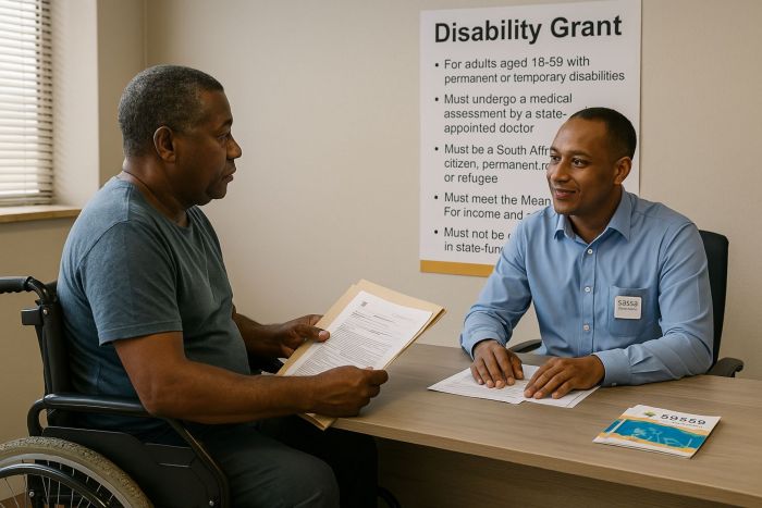 Middle age gentleman in a wheelchair applying for a disability grant.