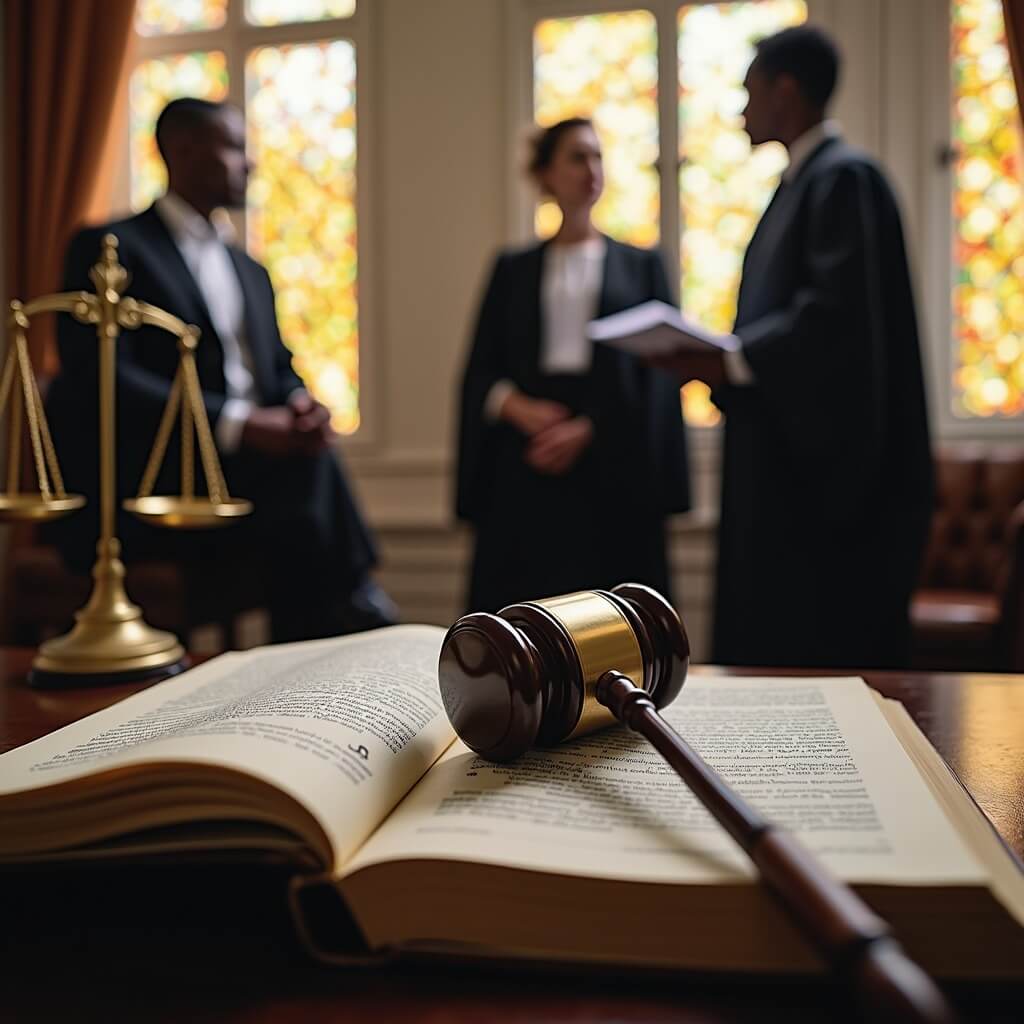 In the foreground of this image is an open book of the law, with a gravel laid upon its open pages. In the background are lawyers discussing the law.
