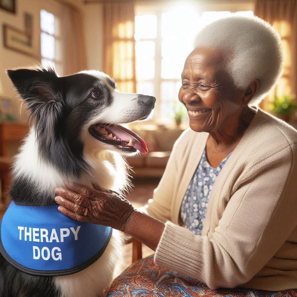 Image of an older african lady sitting with a Therapy Dog 