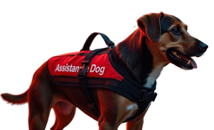 Image of an Assistance Dog, wearing a red Guide Dog bib