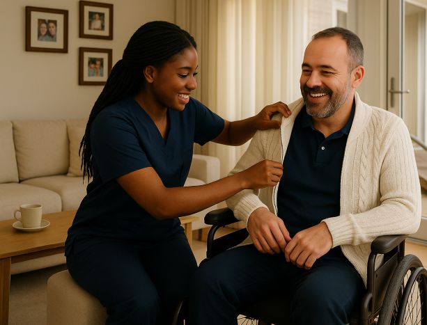 Home-based care giver assisting a man in a wheelchair