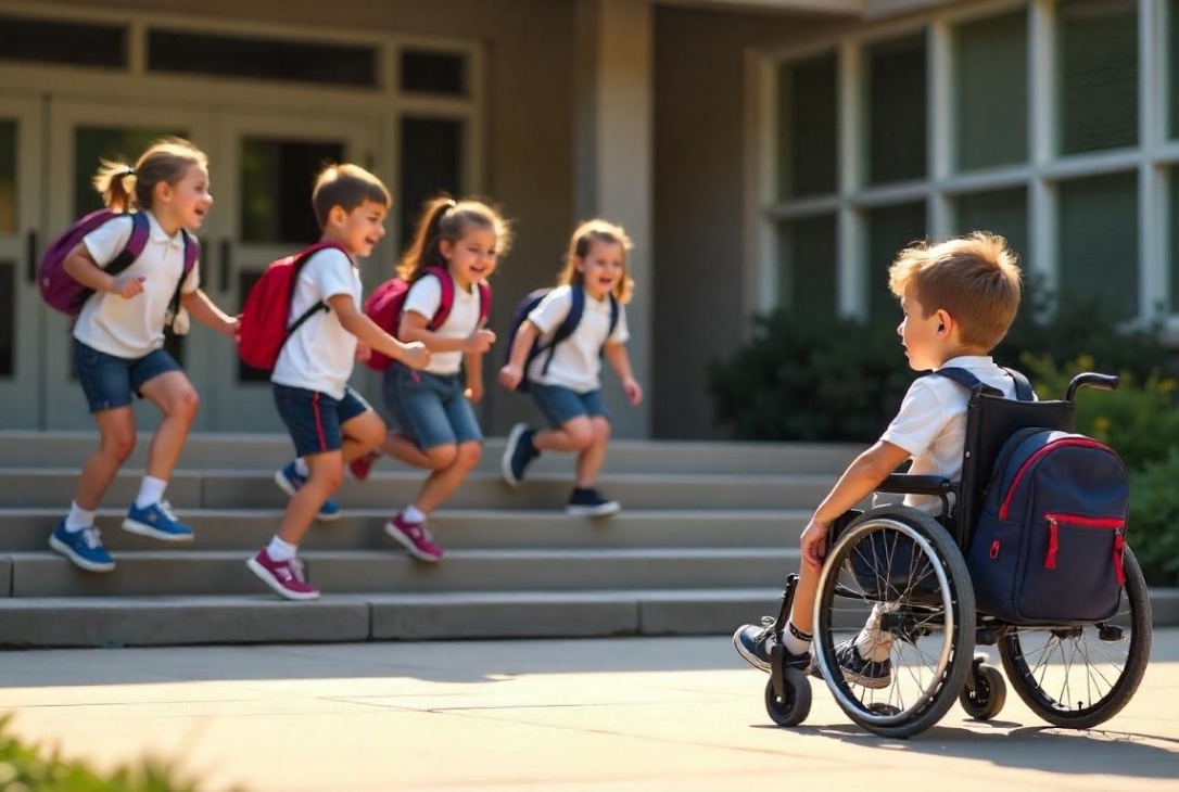 Image of young kids running down the front steps of a school towards a young boy in a wheelchair at the bottom of the steps