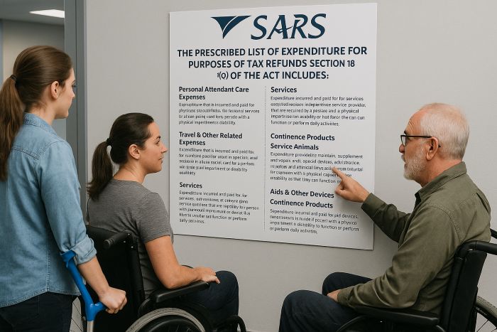 3 people including 2 in wheelchairs, in front a of a SARS sign, that explains Disability Tax