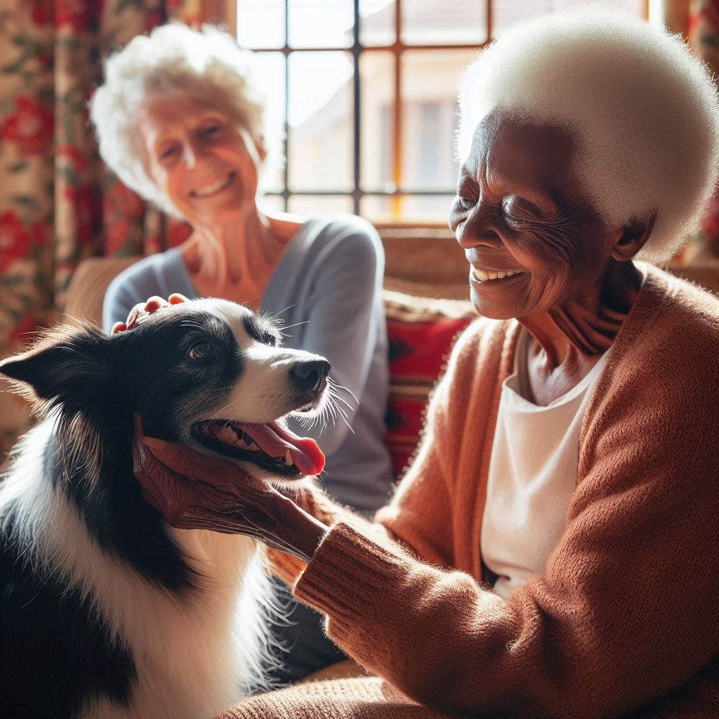 Image of an older lady sitting with a Therapy Dogs, while a therapist looks on.