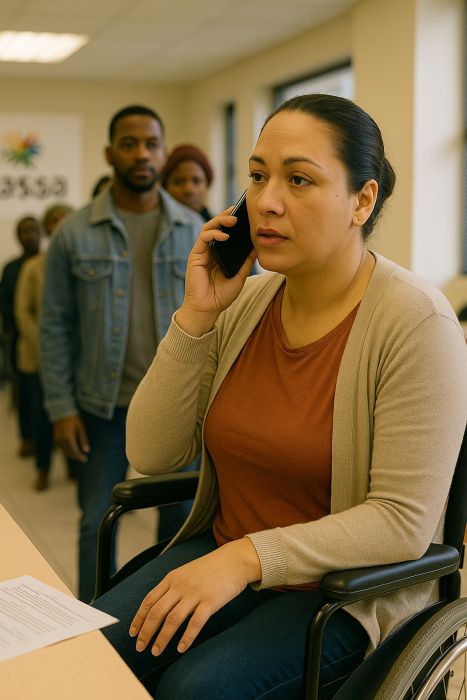 A young women in a wheelchair, on the phone, asking for assistance with her disability grant application