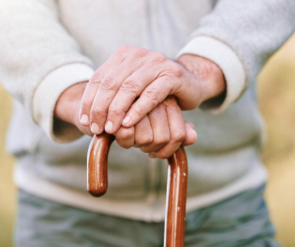 Close up of hands crossed atop of a walking stick