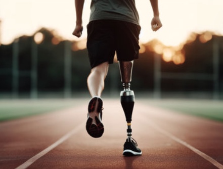 An athlete with a prosthetic leg, training on a race track, as the sun sets in the background