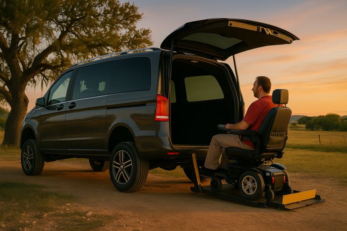 Man in a power wheelchair being loaded into the back of a kombi