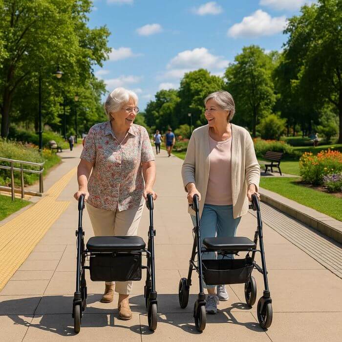 Two older ladies, with rollators, stroll through a park
