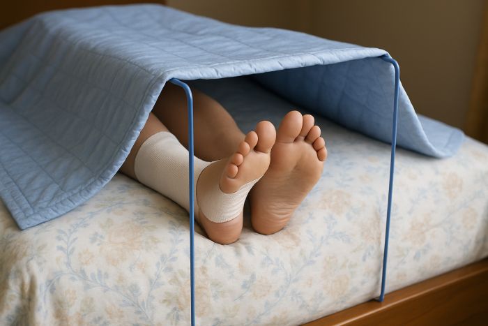 Bed cradle with blanket covering a mans feet