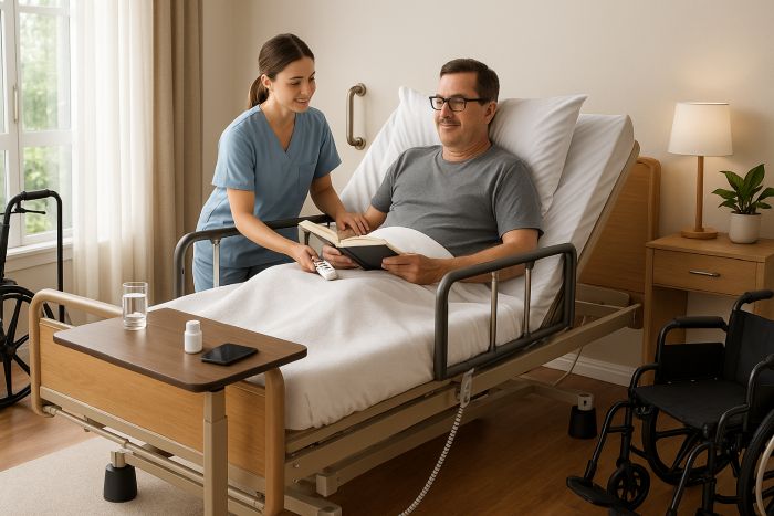 Man in a homecare adjustable bed being attended by a nurse