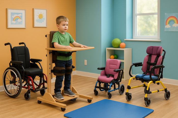 A child surrounded by a selection of Pediatric Assistive Devices