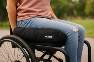 Girl sitting in a wheelchair on a Pressure Care Cushion