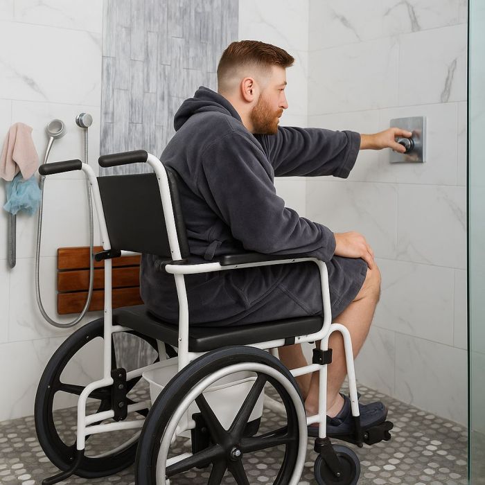 A young man in a shower commode entering the shower