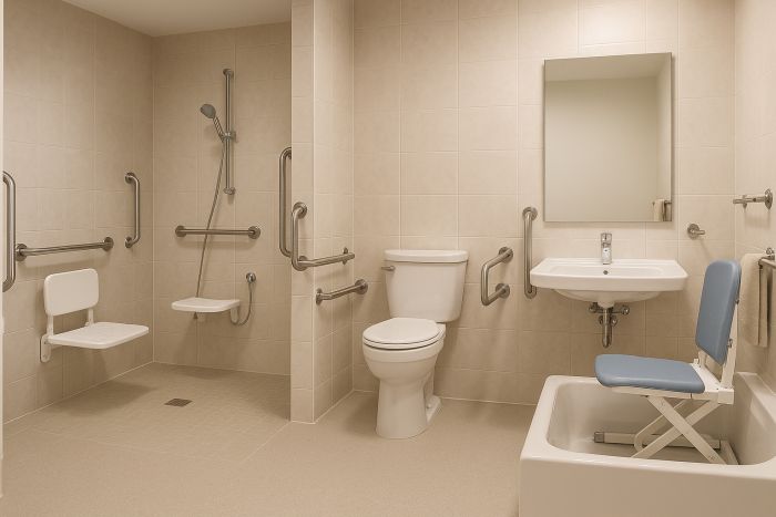 Accessible Bathroom Devices including toilet, shower cahir 