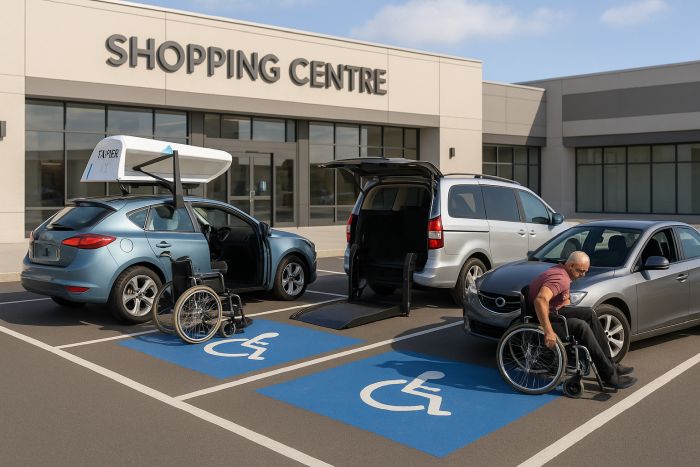 Vehicle Aids, two vehicles park in a disabled bay, allowing space for the user to unload their wheelchair from the roof and inside their respective vehicles.