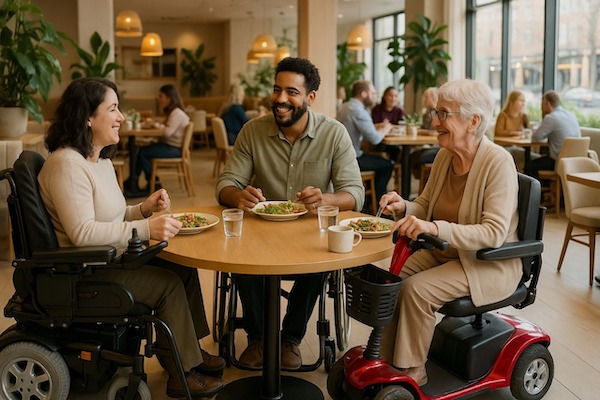 Three people enjoying a meal in a restaurant, one is seated in a wheelchair, and another in a scooter.