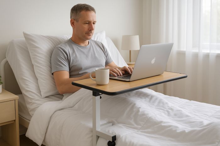 Man in a hospital bed, using an overbed table to work on his laptop