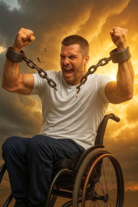 Man in a wheelchair breaking free from his chains