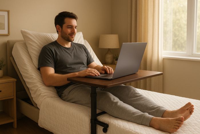 Man working from bed, using an overbed table