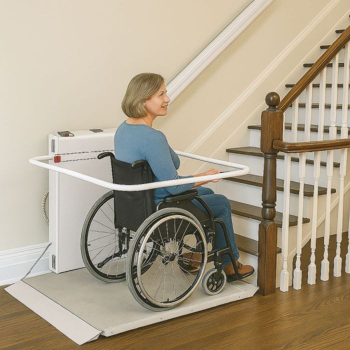 A lady in a wheelchair on a Platform Stair Lift