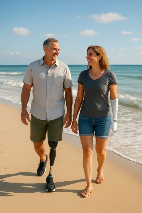 A man and women walking on the beach - he has a prosthetic leg, she has an artificial arm
