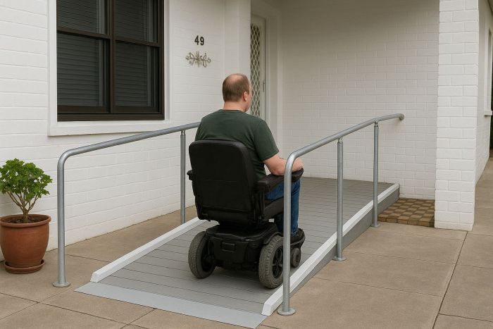 A man in a wheelchair going up a ramp