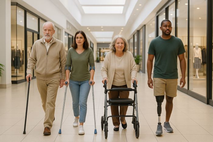 A group of people, using a variety of walking aids, stroll through a mall - an older gentleman with a walking cane, a young lady on crutches, an older walker using a rollator and a young man with a prosthetic leg.