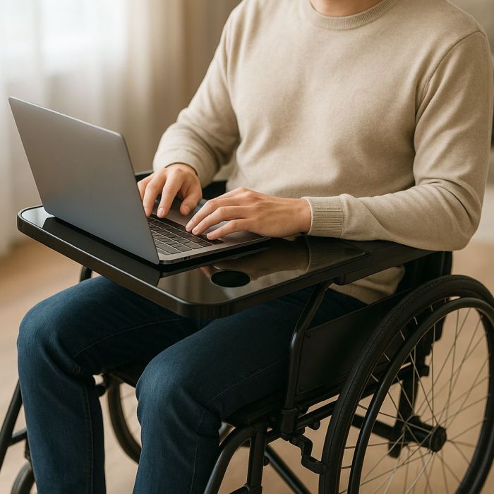 Man in a wheelchair, working on his laptop, resting on a wheelchair table