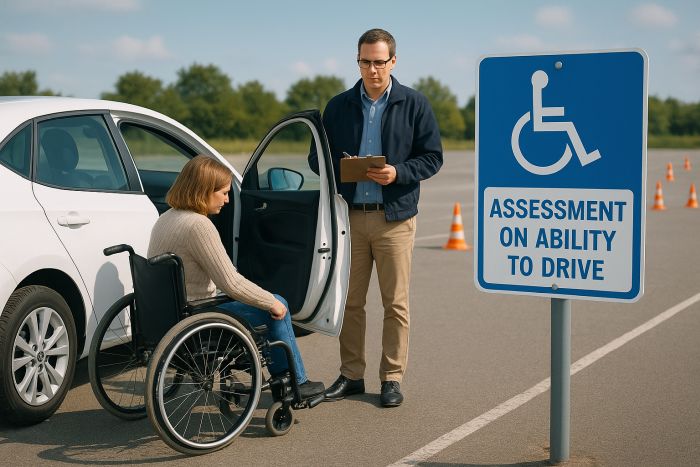 A young women in a wheelchair sits in front of a car, talking to a man, assessing her ability to drive