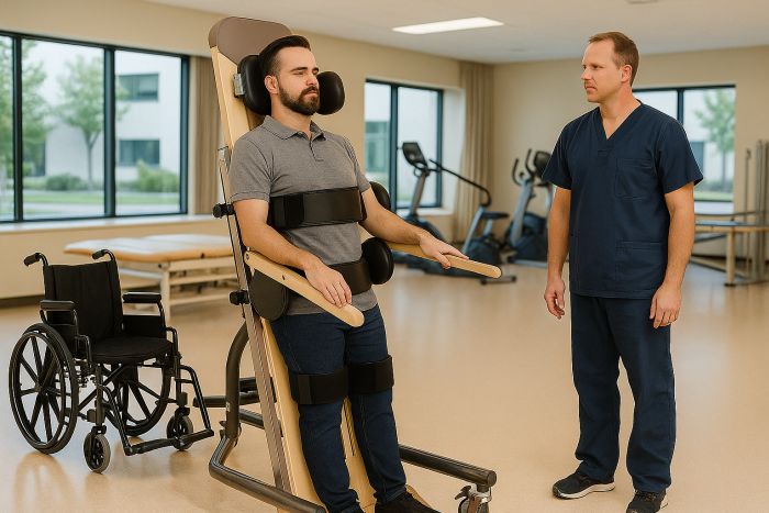 Man in a standing frame at rehabilitation centre
