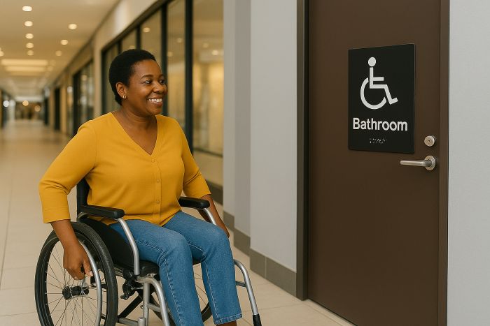 woman in a manual wheelchair entering an Accessible Bathroom
