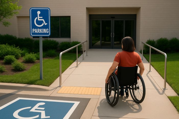 lady in wheelchair pushing past accessible signage