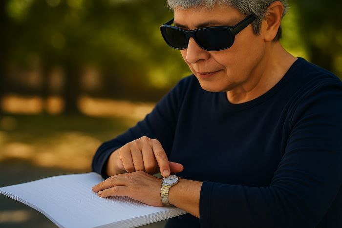 Blind woman reading the time on a Braille Watch