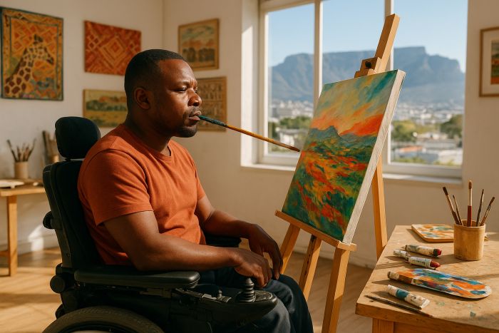 Art - Mouth Painter painting a landscape in his studio