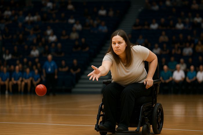 Lady in a manual wheelchair playing Boccia