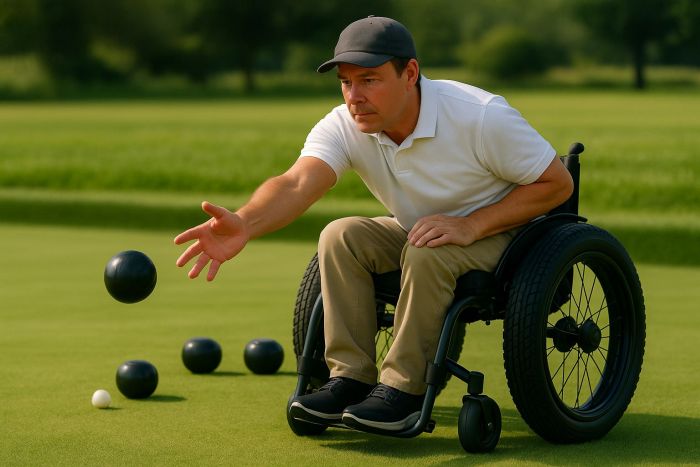 Man in wheelchair playing Lawn Bowls