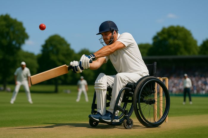 A man in a wheelchair playing cricket
