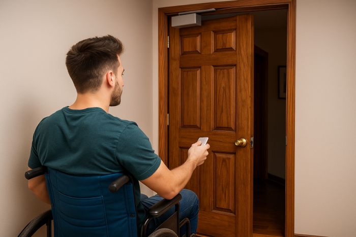 Man in wheelchair using automatic door opener to open door