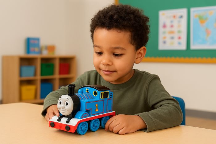 Young boy playing with an educational switch toy