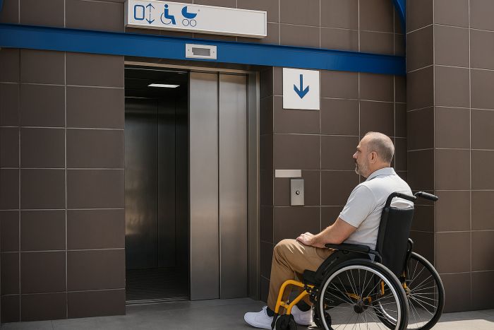 Man in wheelchair waiting to enter an elevator 